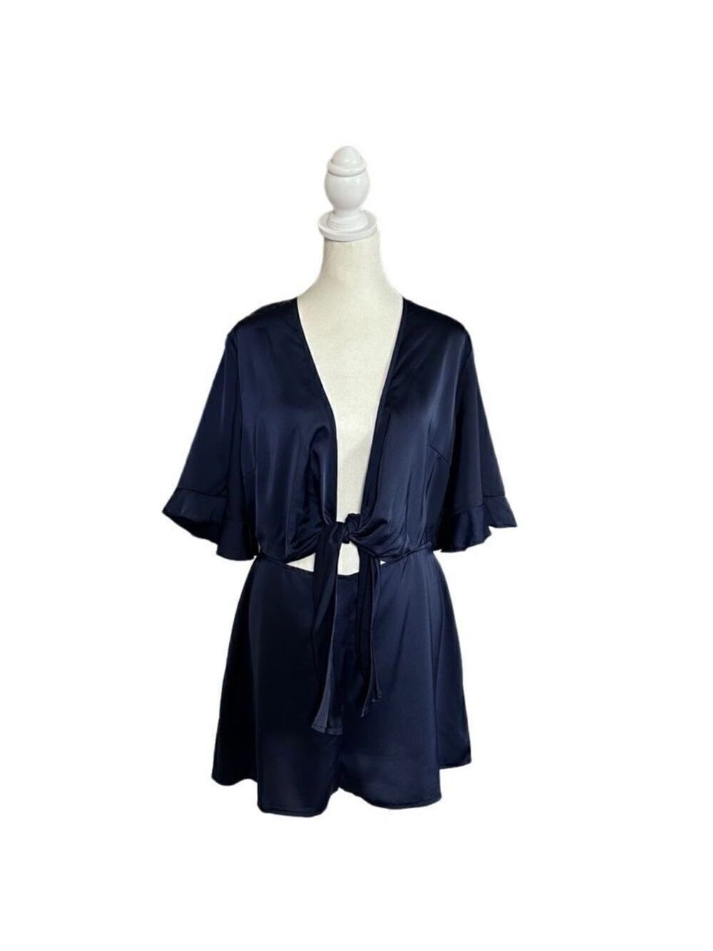 Missguided Tie Front Cutout Satin Navy Blue Shorts Romper Sz 8 - Picture 2 of 16